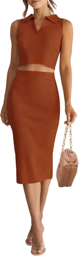 HAEOF Women's 2 Piece Summer Outfits Ribbed Knit Sleeveless Crop Tops Bodycon Midi Skirt Sets