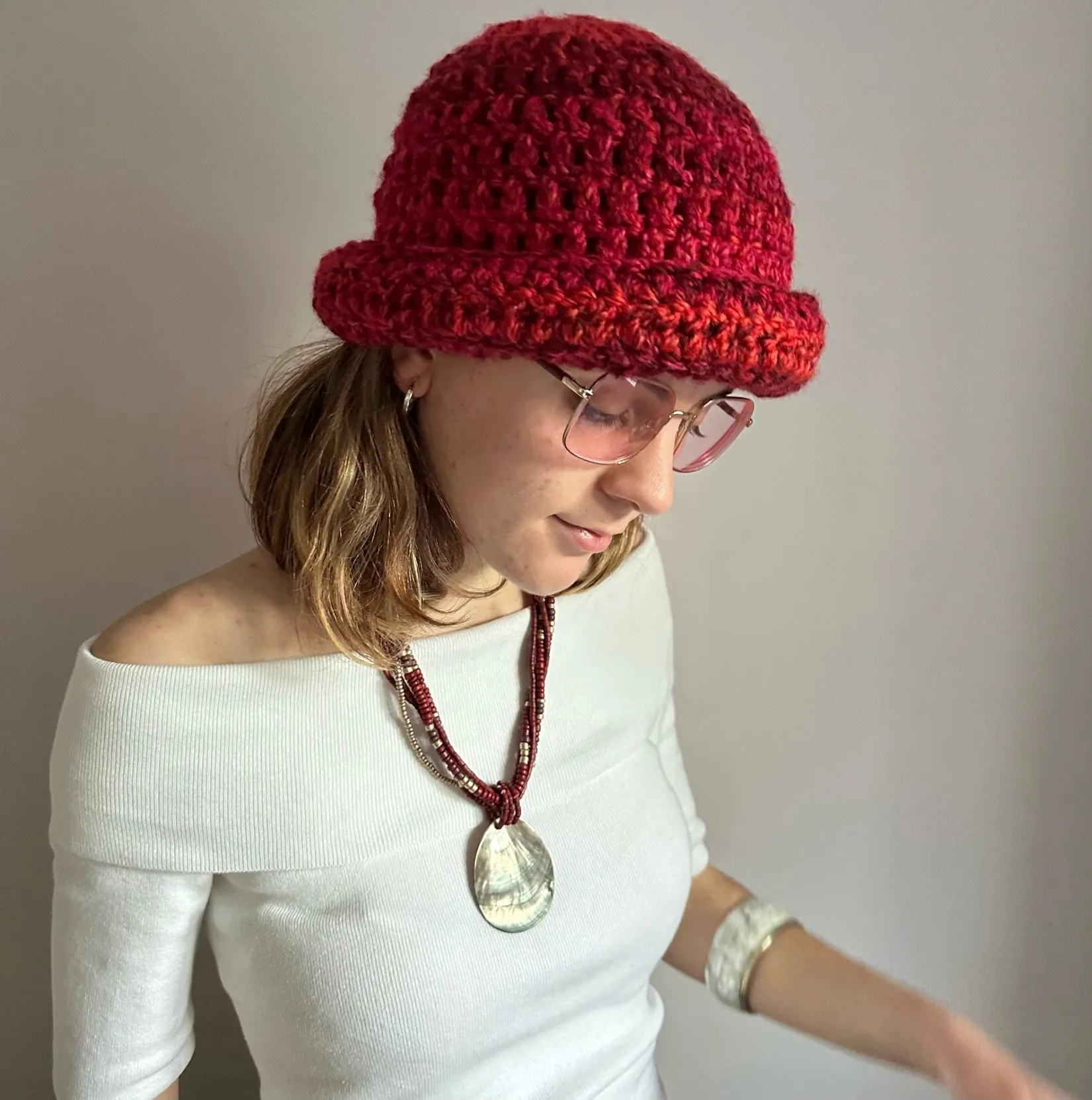 Handmade red ombré chunky crochet bowler hat