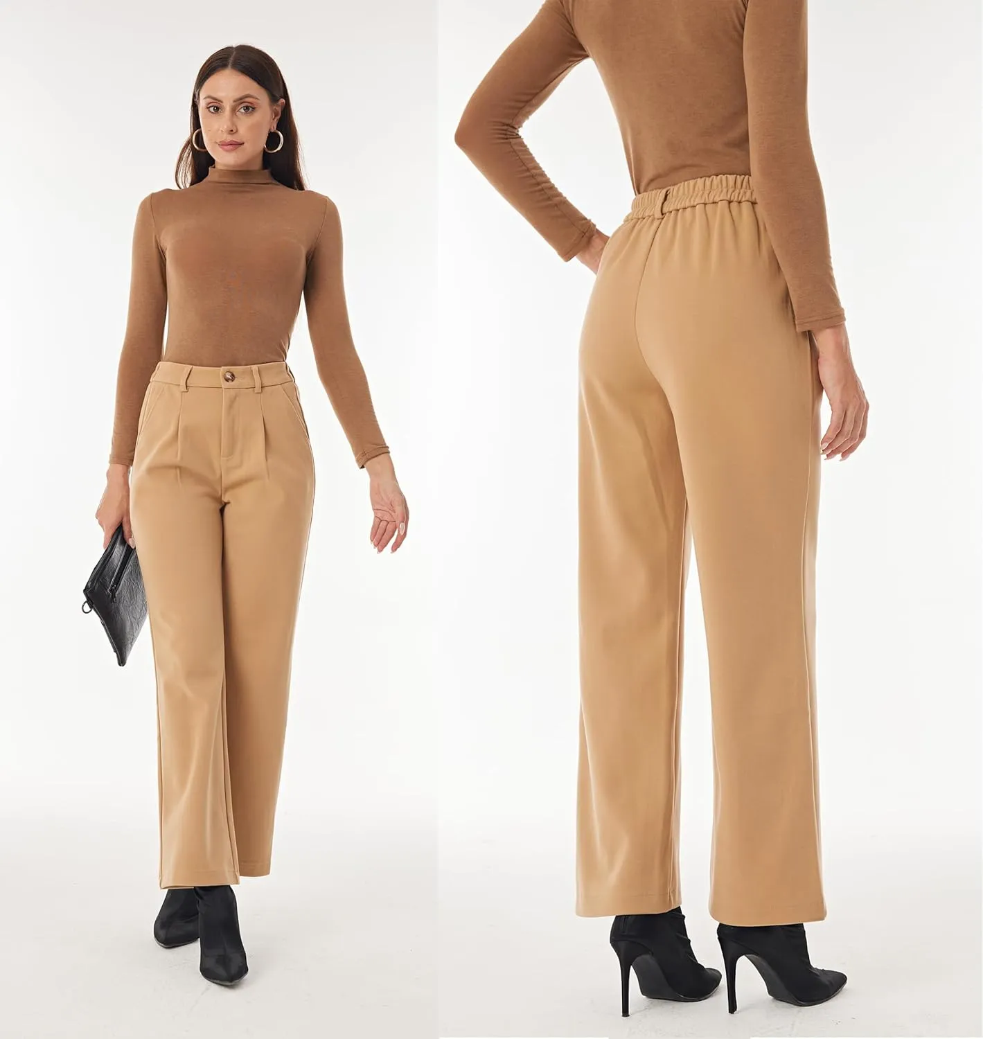 heipeiwa Women's Winter Fall Wool Blend Thick Warm Wide Leg Dress Business Casual Pants Trouser