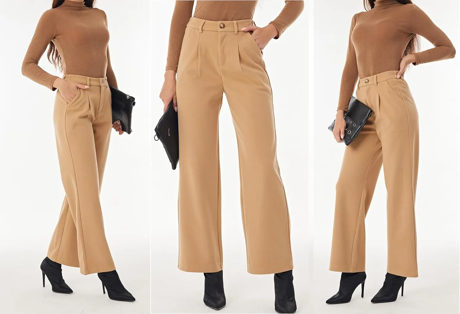 heipeiwa Women's Winter Fall Wool Blend Thick Warm Wide Leg Dress Business Casual Pants Trouser