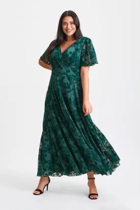 Isabelle Dark Green Velvet Flock Angel Sleeve Maxi Dress