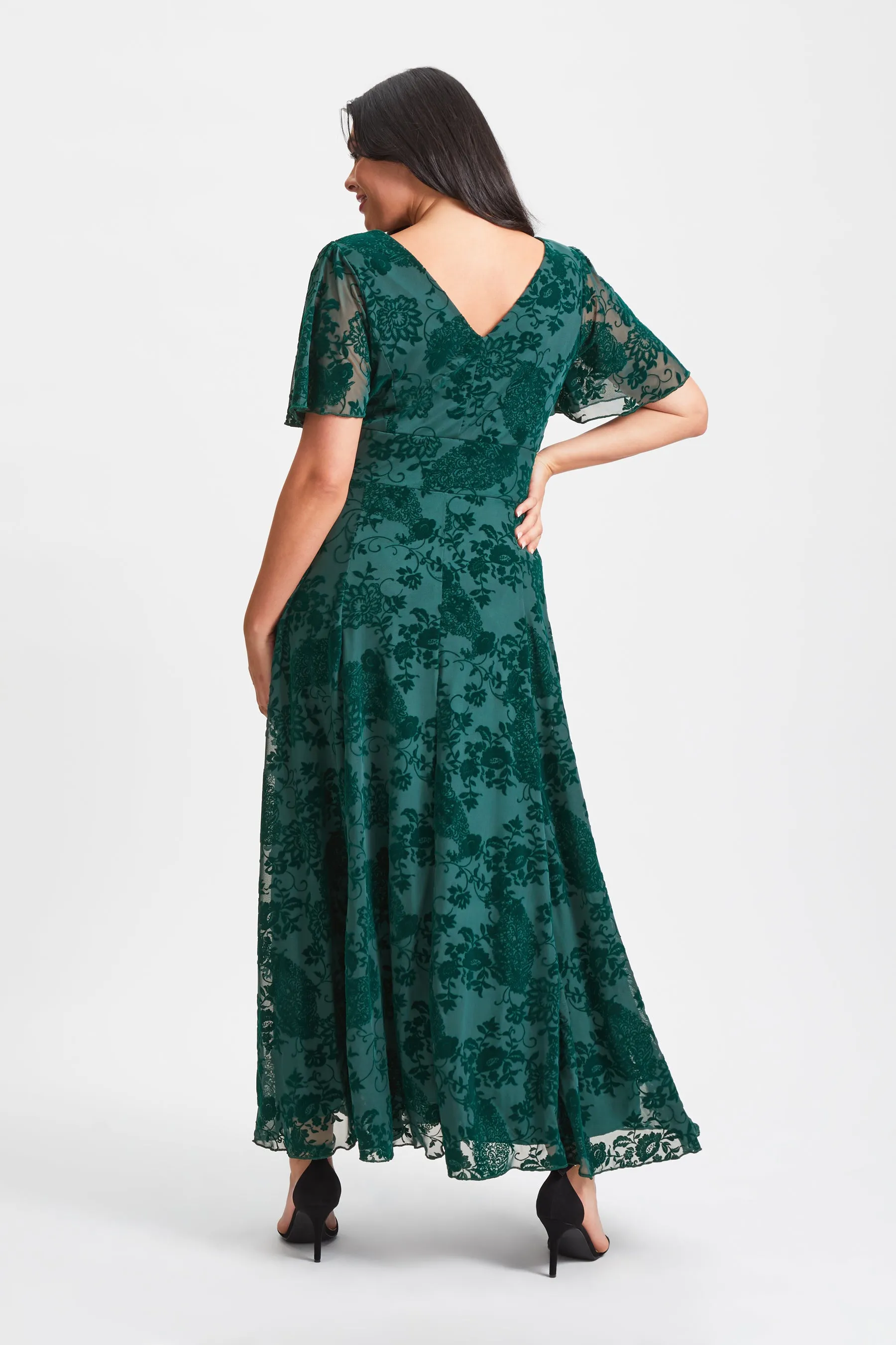 Isabelle Dark Green Velvet Flock Angel Sleeve Maxi Dress