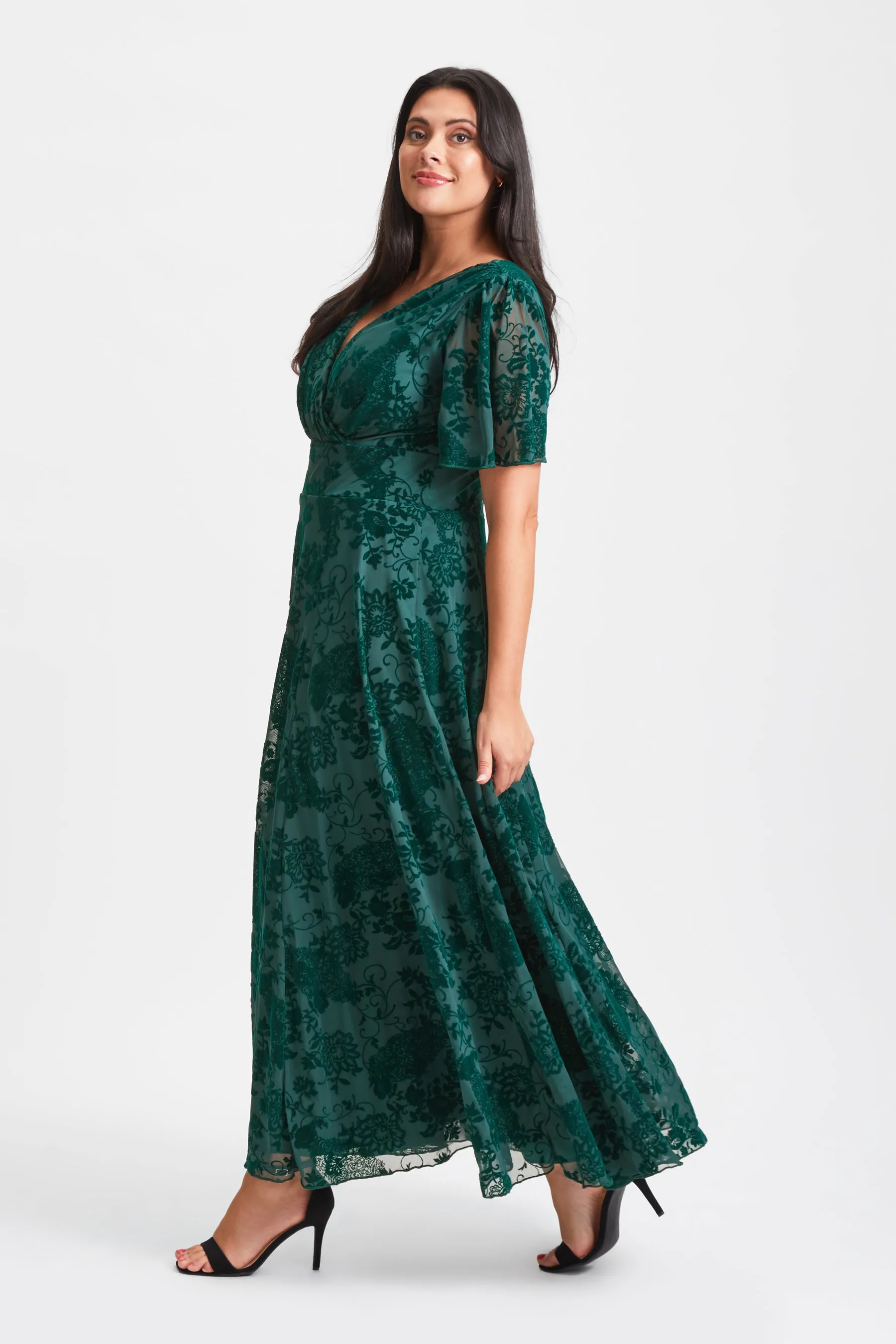 Isabelle Dark Green Velvet Flock Angel Sleeve Maxi Dress
