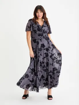 Isabelle Dark Grey Chinoise Velvet Flock Angel Sleeve Maxi Dress