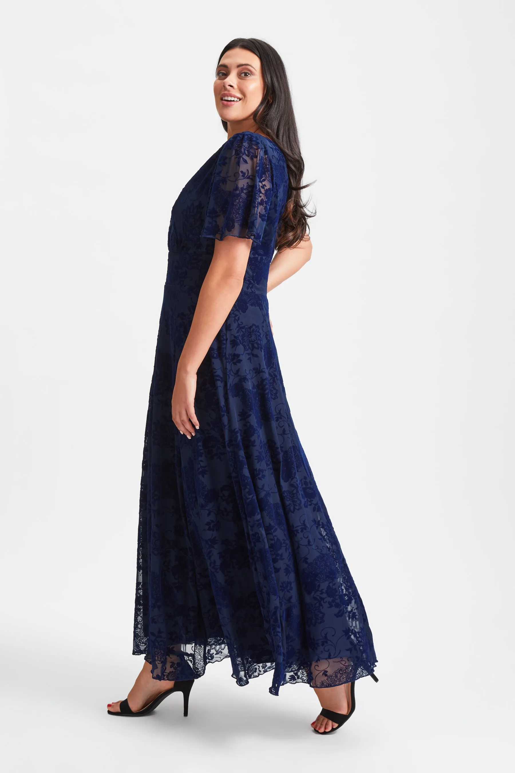 Isabelle Dark Navy Velvet Flock Angel Sleeve Maxi Dress