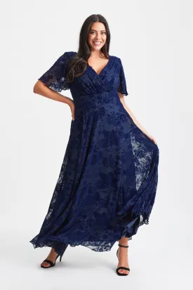 Isabelle Dark Navy Velvet Flock Angel Sleeve Maxi Dress