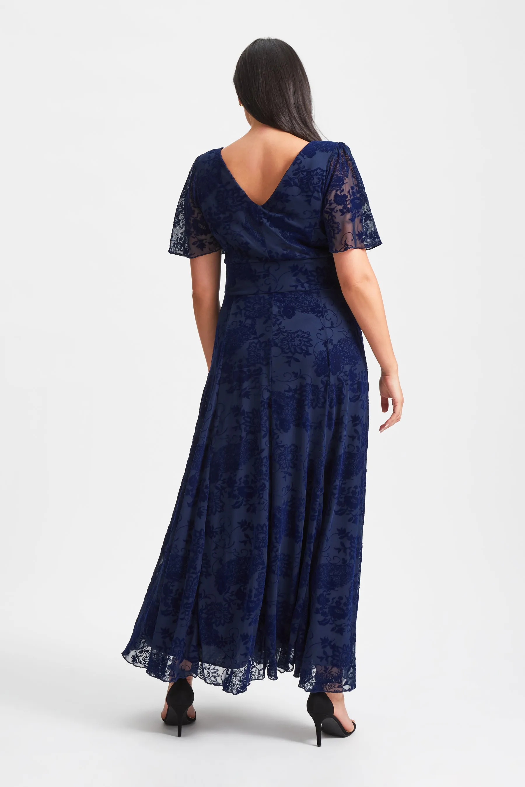 Isabelle Dark Navy Velvet Flock Angel Sleeve Maxi Dress