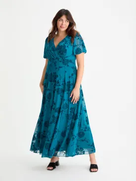 Isabelle Teal Chinoise Velvet Flock Angel Sleeve Maxi Dress