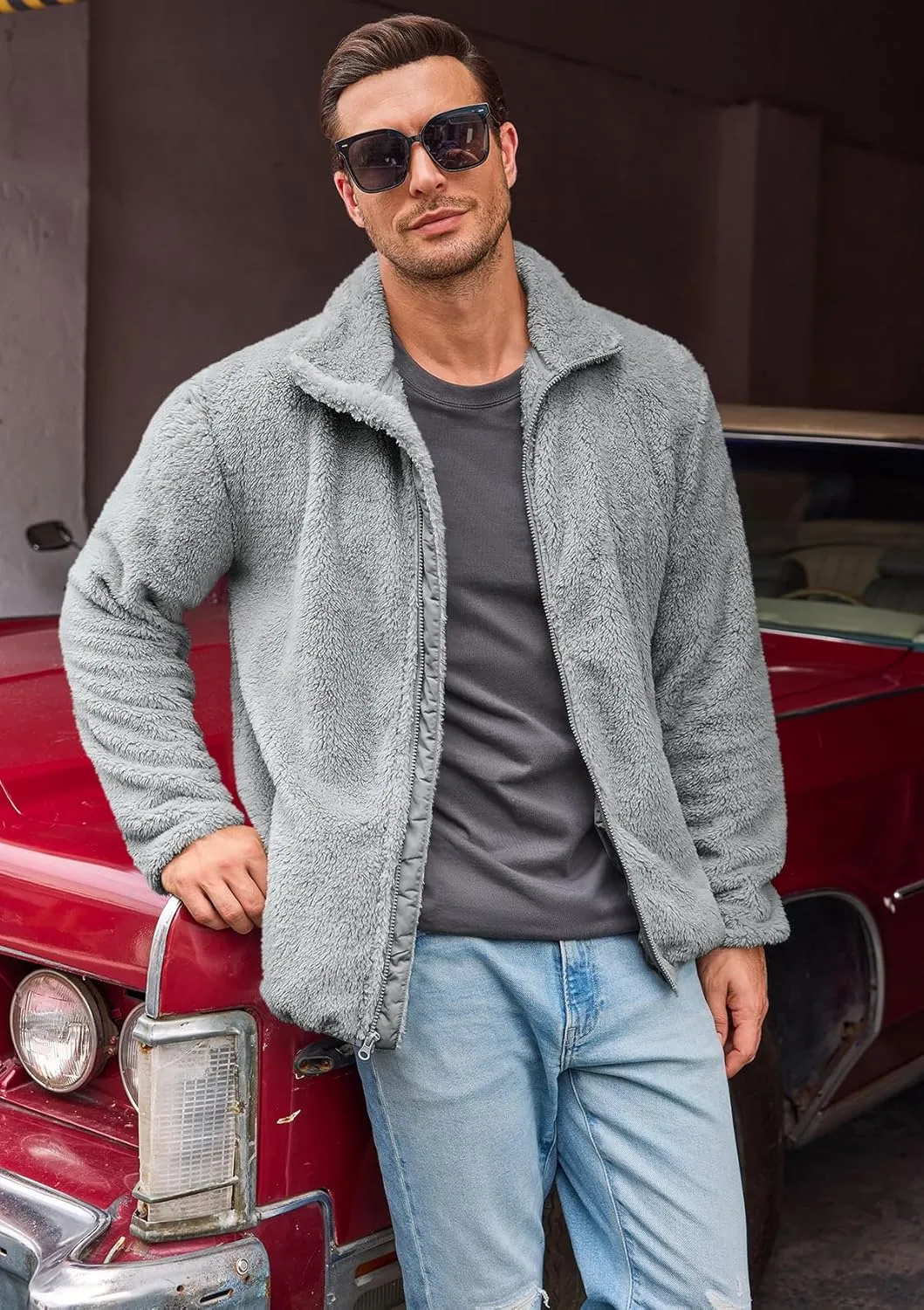 Karlywindow Men's Sherpa Jacket Fleece Full Zip Fuzzy Open Front Stand Collar Fall Winter Coat Outwear