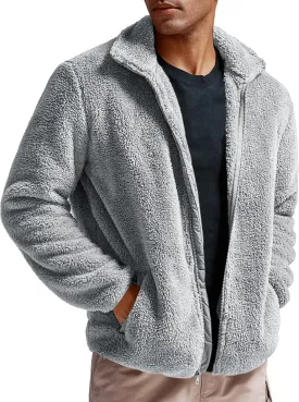 Karlywindow Men's Sherpa Jacket Fleece Full Zip Fuzzy Open Front Stand Collar Fall Winter Coat Outwear