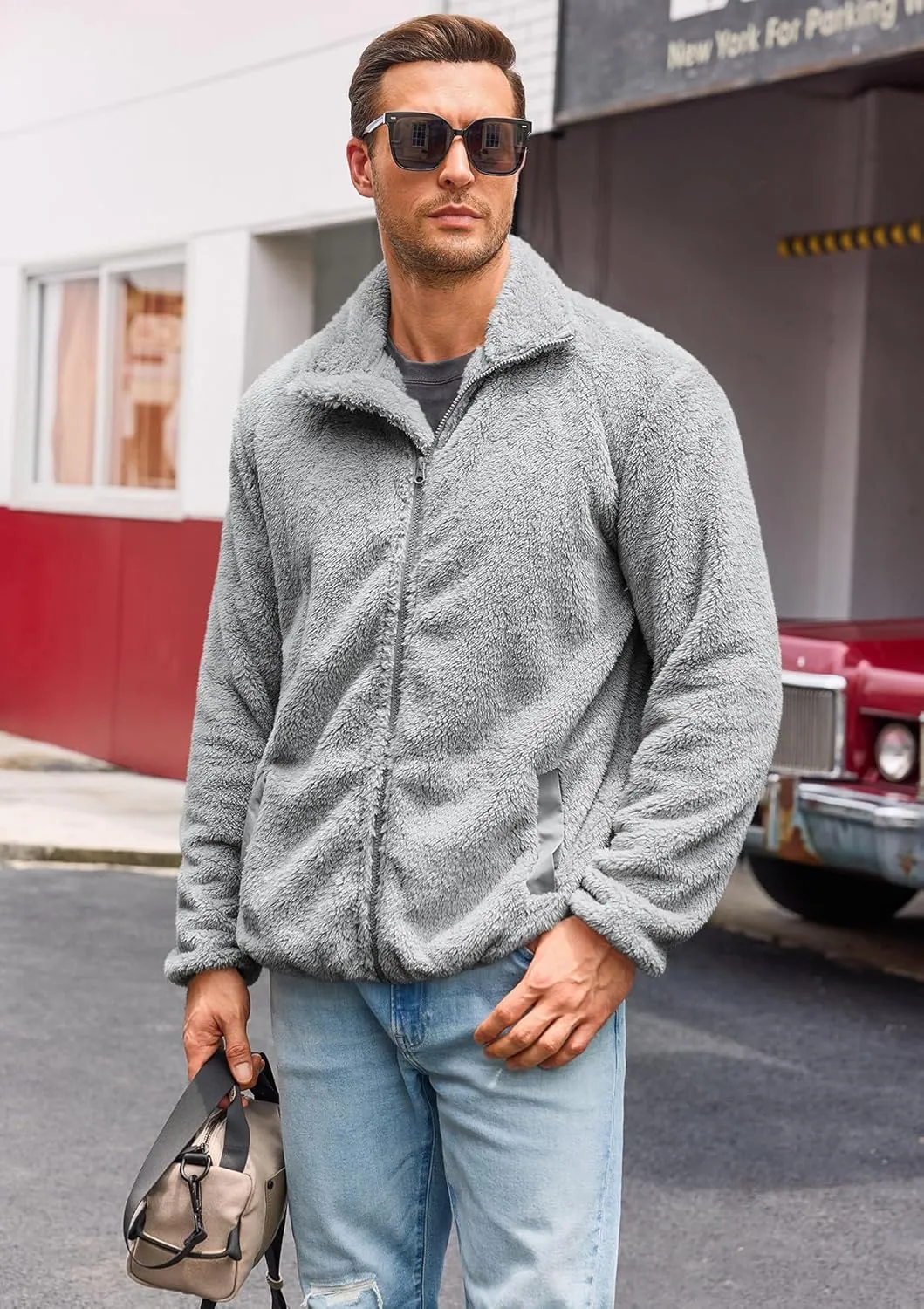 Karlywindow Men's Sherpa Jacket Fleece Full Zip Fuzzy Open Front Stand Collar Fall Winter Coat Outwear