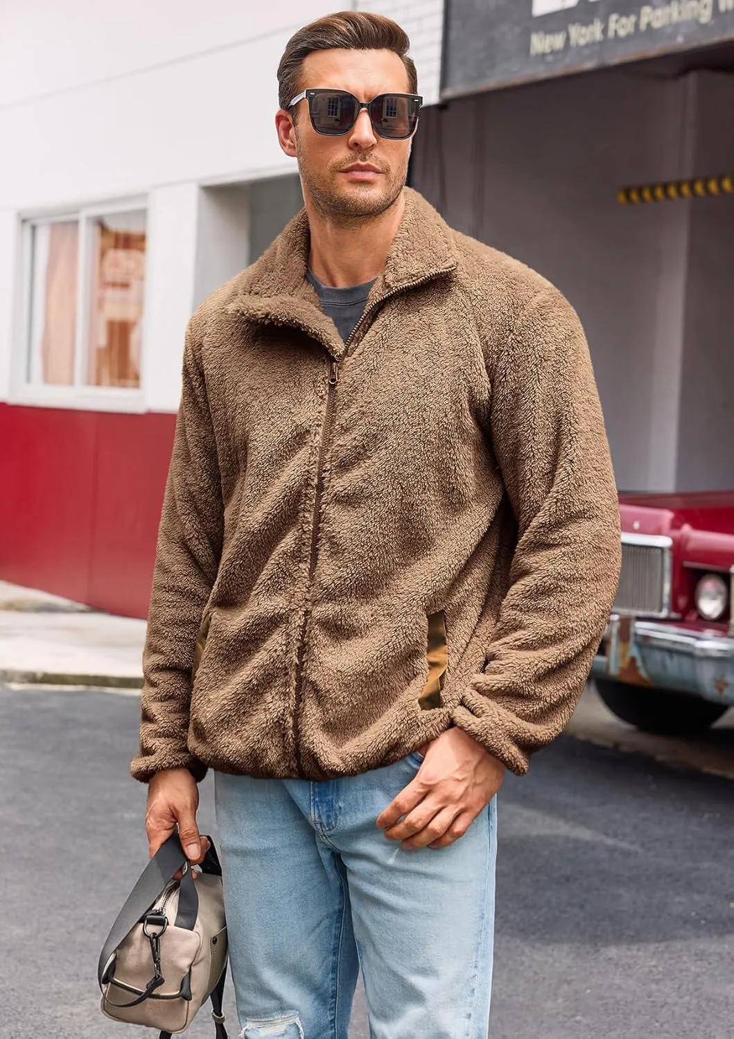 Karlywindow Men's Sherpa Jacket Fleece Full Zip Fuzzy Open Front Stand Collar Fall Winter Coat Outwear