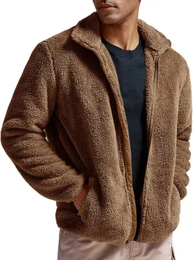 Karlywindow Men's Sherpa Jacket Fleece Full Zip Fuzzy Open Front Stand Collar Fall Winter Coat Outwear