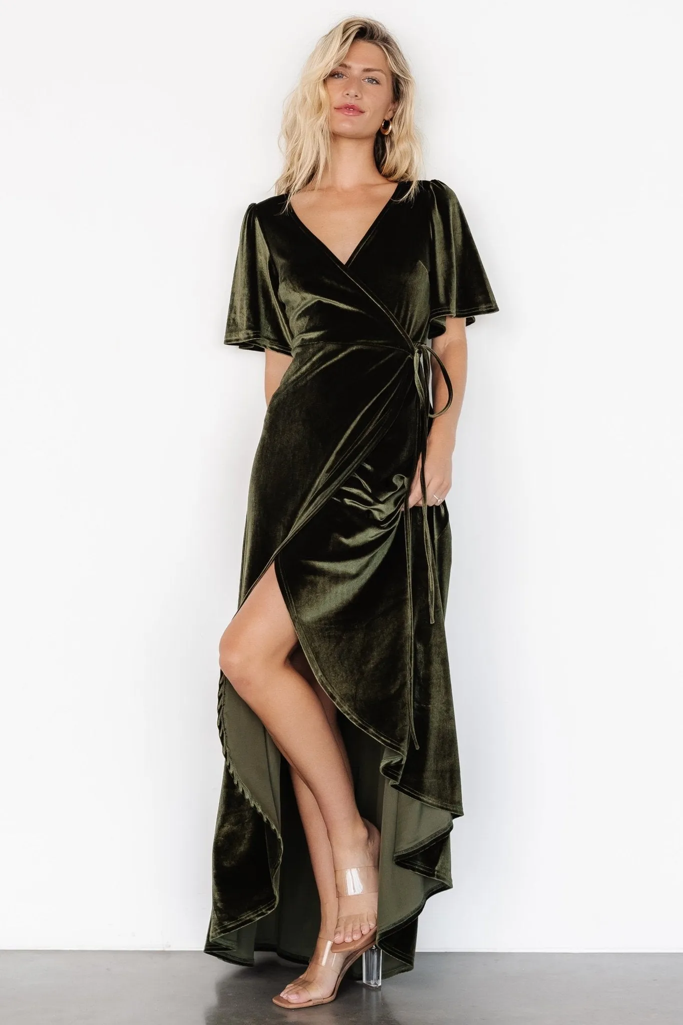 Katelyn Velvet Maxi Wrap Dress | Dark Olive