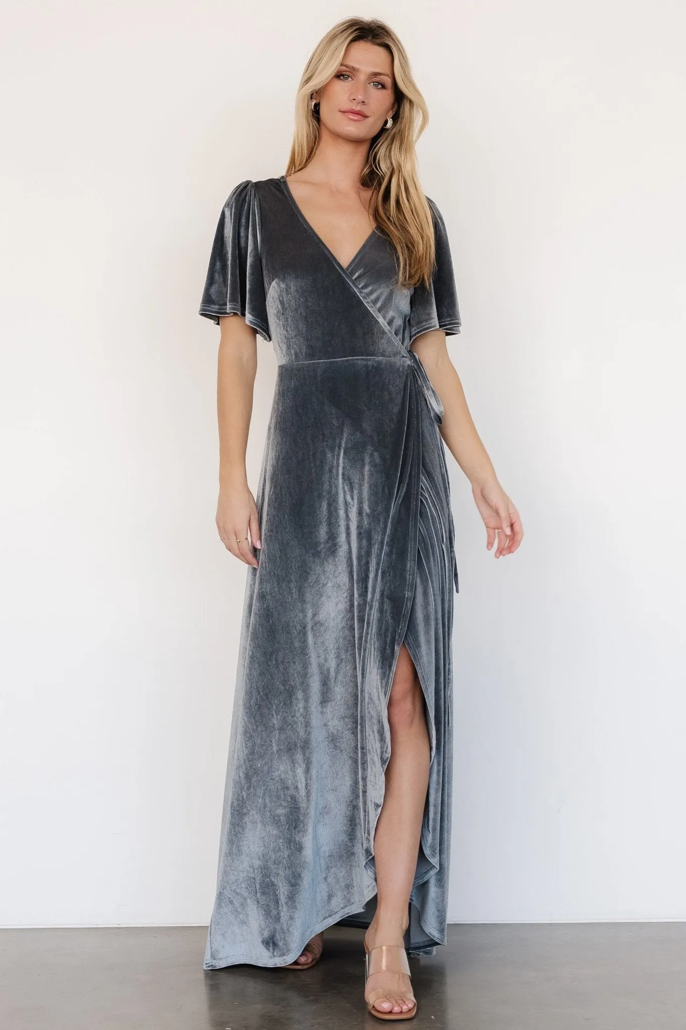 Katelyn Velvet Maxi Wrap Dress | Dusty Blue