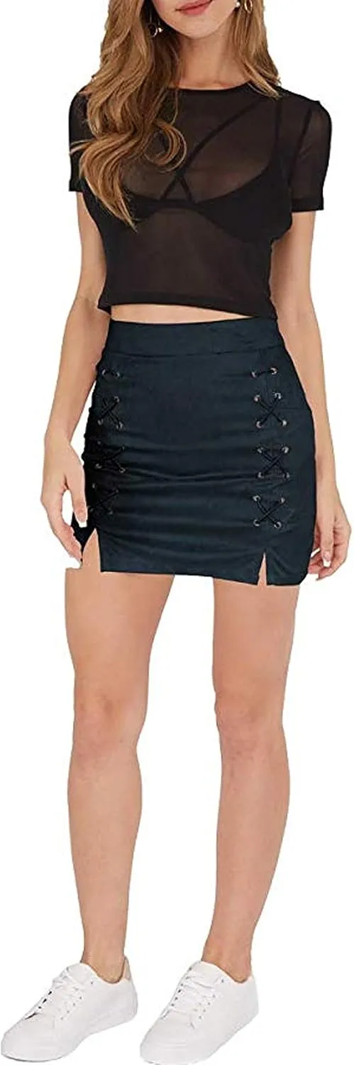 katiewens Women's Classic High Waist Lace Up Bodycon Faux Suede A Line Mini Pencil Skirt