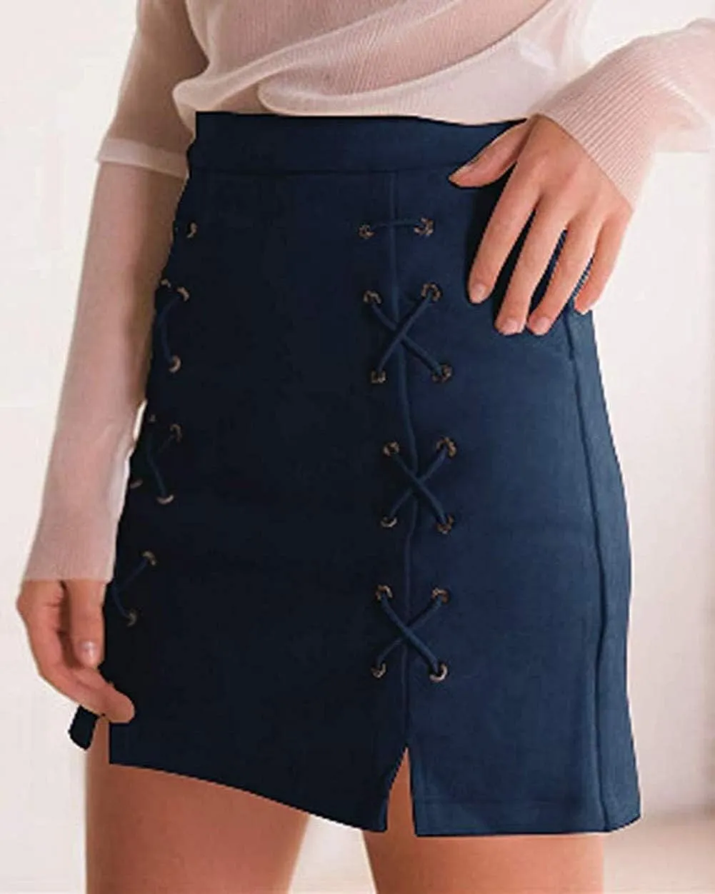 katiewens Women's Classic High Waist Lace Up Bodycon Faux Suede A Line Mini Pencil Skirt