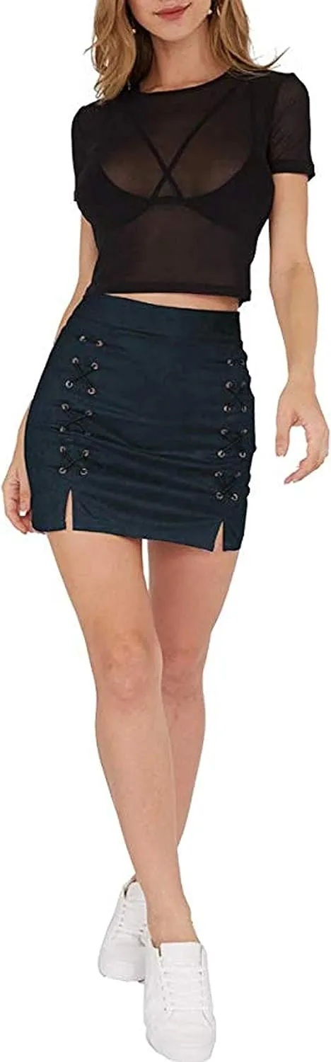 katiewens Women's Classic High Waist Lace Up Bodycon Faux Suede A Line Mini Pencil Skirt