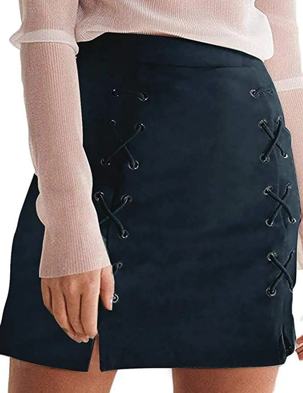 katiewens Women's Classic High Waist Lace Up Bodycon Faux Suede A Line Mini Pencil Skirt