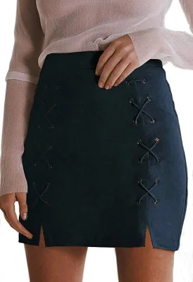 katiewens Women's Classic High Waist Lace Up Bodycon Faux Suede A Line Mini Pencil Skirt