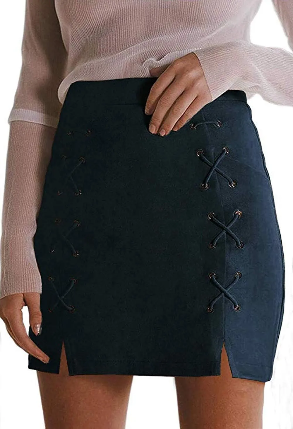 katiewens Women's Classic High Waist Lace Up Bodycon Faux Suede A Line Mini Pencil Skirt