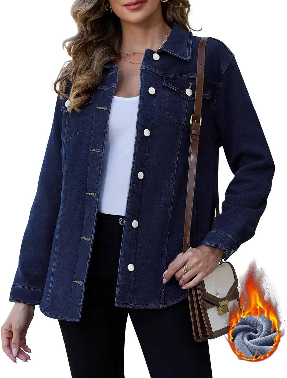 KDF Jean Jacket Women Fleece Lined Denim Oversized Blue Sherpa Jacket