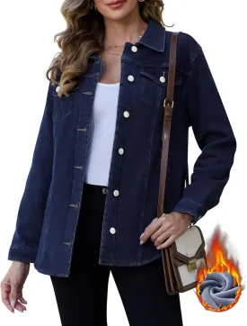 KDF Jean Jacket Women Fleece Lined Denim Oversized Blue Sherpa Jacket