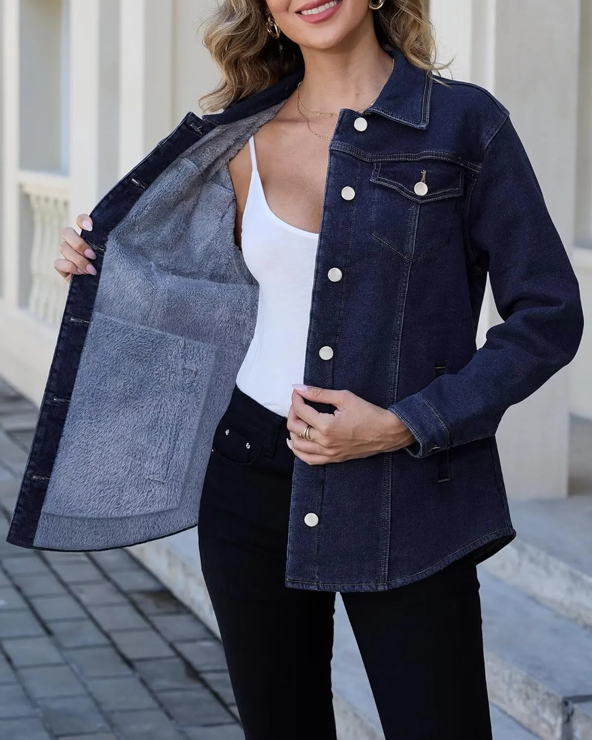 KDF Jean Jacket Women Fleece Lined Denim Oversized Blue Sherpa Jacket