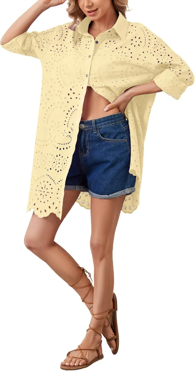 Livtany Womens Button Down Shirt Dress Solid Eyelet Embroidery Cover Up Dress Casual Oversized Long Sleeve Blouse Tops