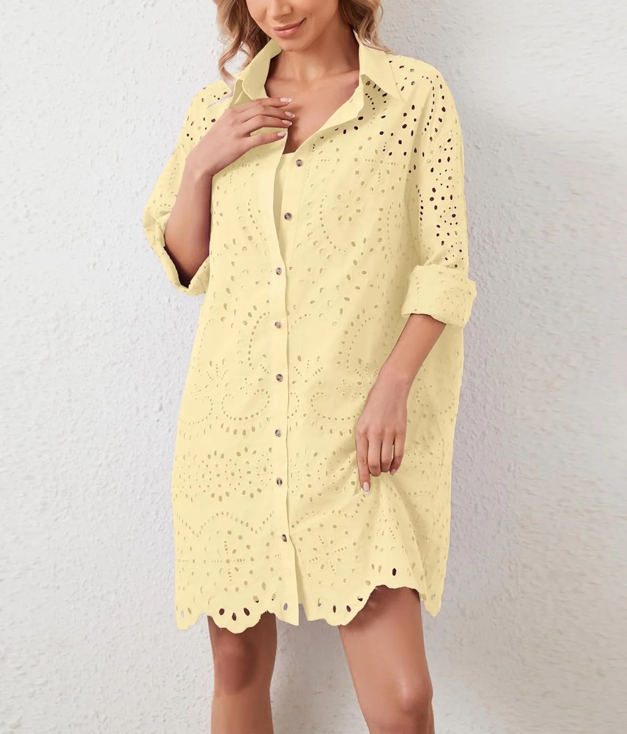 Livtany Womens Button Down Shirt Dress Solid Eyelet Embroidery Cover Up Dress Casual Oversized Long Sleeve Blouse Tops