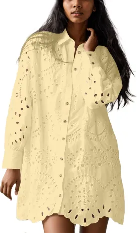 Livtany Womens Button Down Shirt Dress Solid Eyelet Embroidery Cover Up Dress Casual Oversized Long Sleeve Blouse Tops