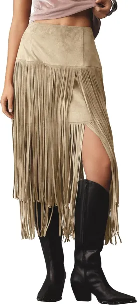 Locachy Womens Faux Suede Fringe Trim Midi Skirt Casual High Waist Bodycon Skirt