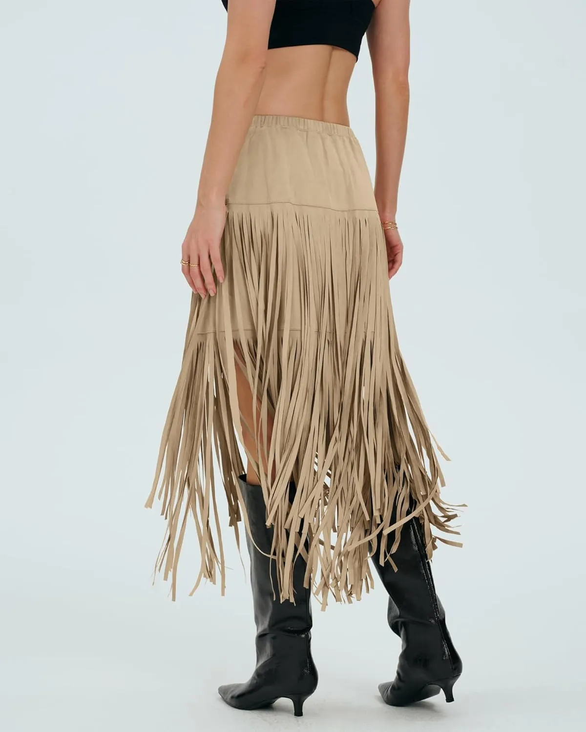 Locachy Womens Faux Suede Fringe Trim Midi Skirt Casual High Waist Bodycon Skirt