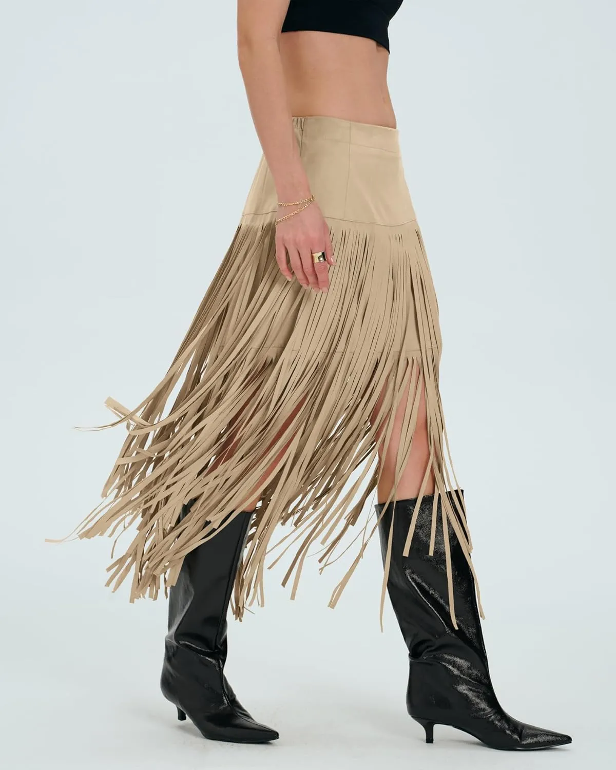Locachy Womens Faux Suede Fringe Trim Midi Skirt Casual High Waist Bodycon Skirt