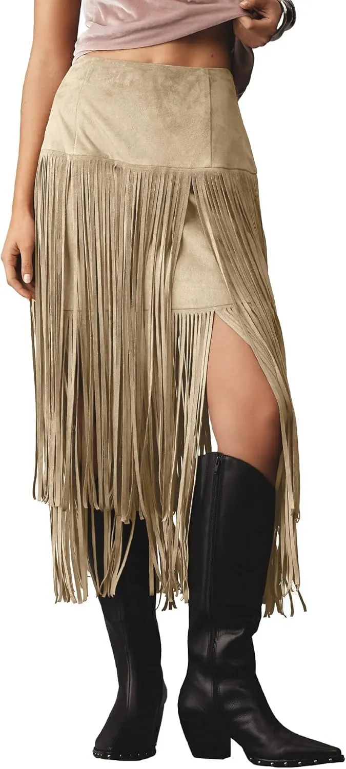 Locachy Womens Faux Suede Fringe Trim Midi Skirt Casual High Waist Bodycon Skirt