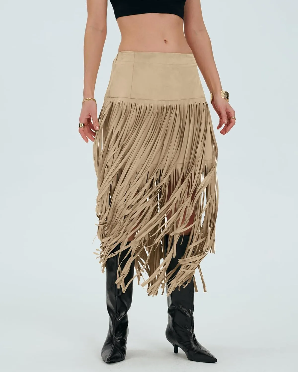 Locachy Womens Faux Suede Fringe Trim Midi Skirt Casual High Waist Bodycon Skirt