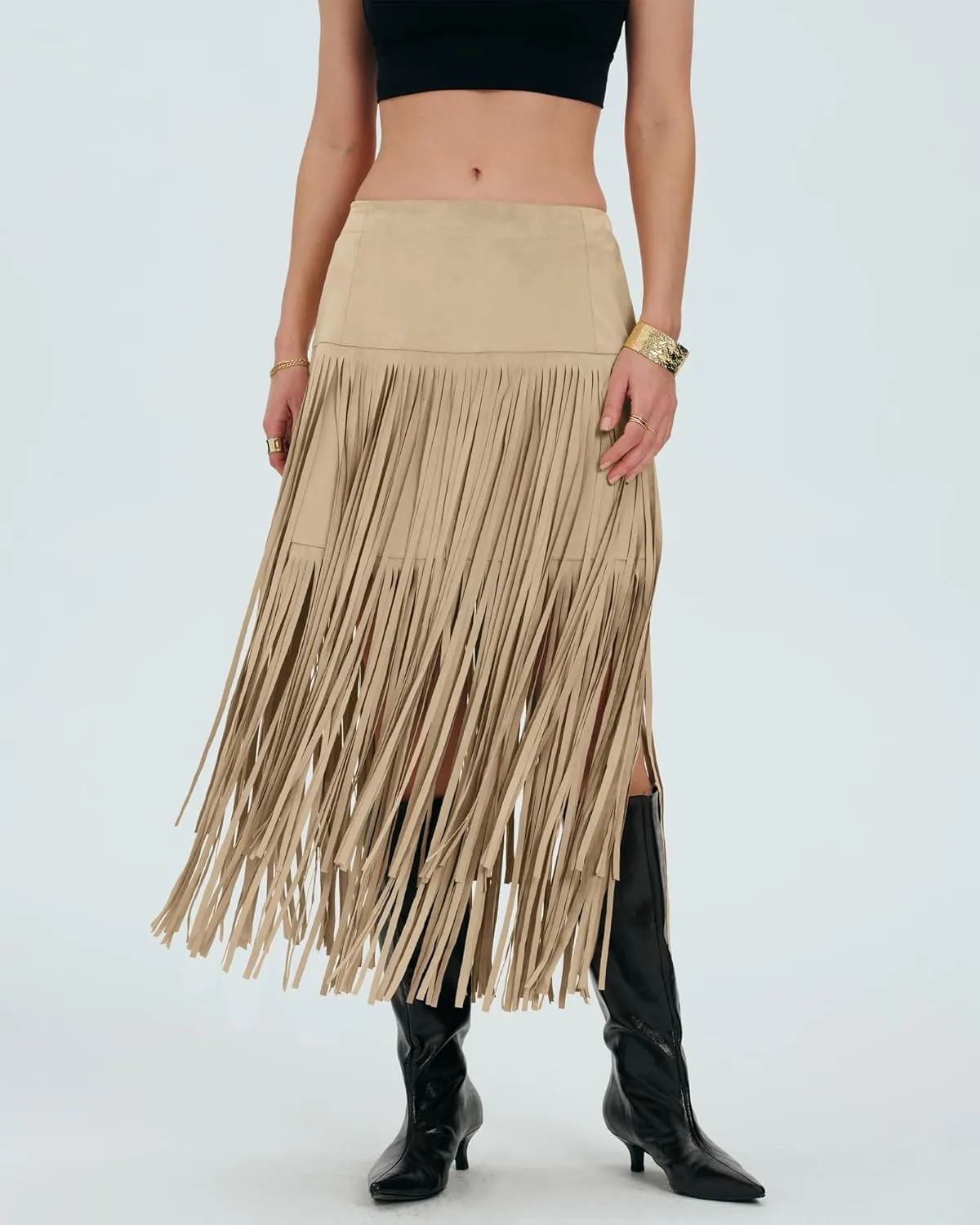 Locachy Womens Faux Suede Fringe Trim Midi Skirt Casual High Waist Bodycon Skirt