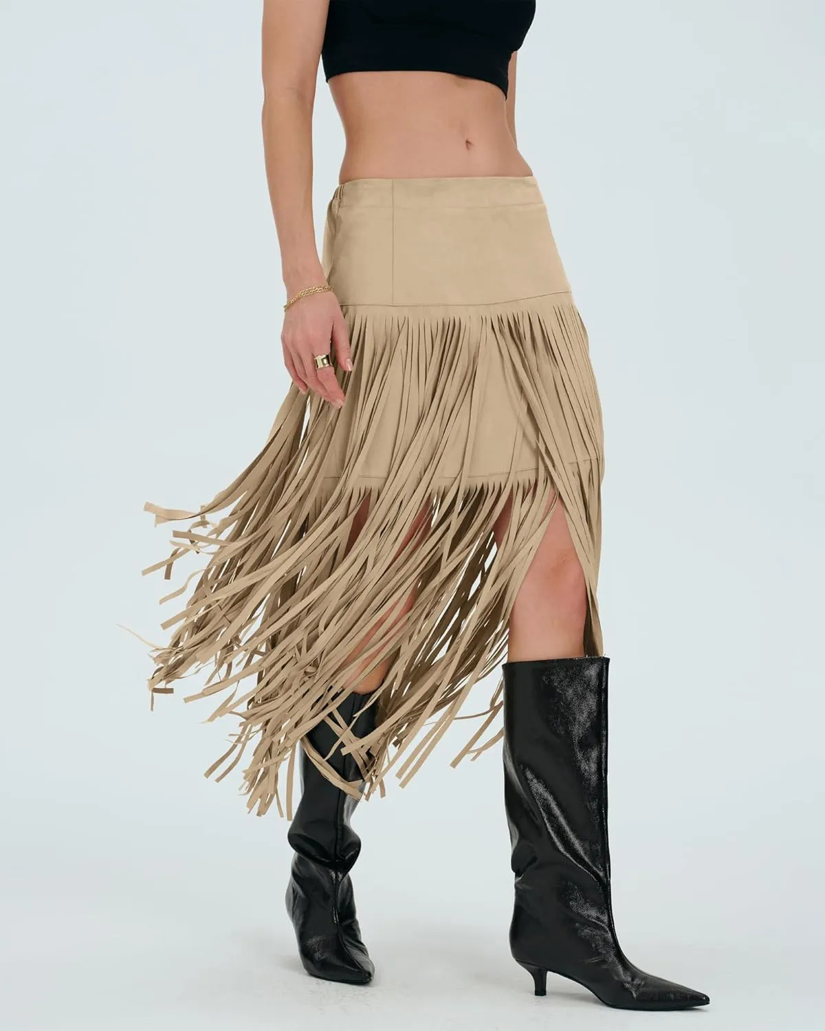 Locachy Womens Faux Suede Fringe Trim Midi Skirt Casual High Waist Bodycon Skirt