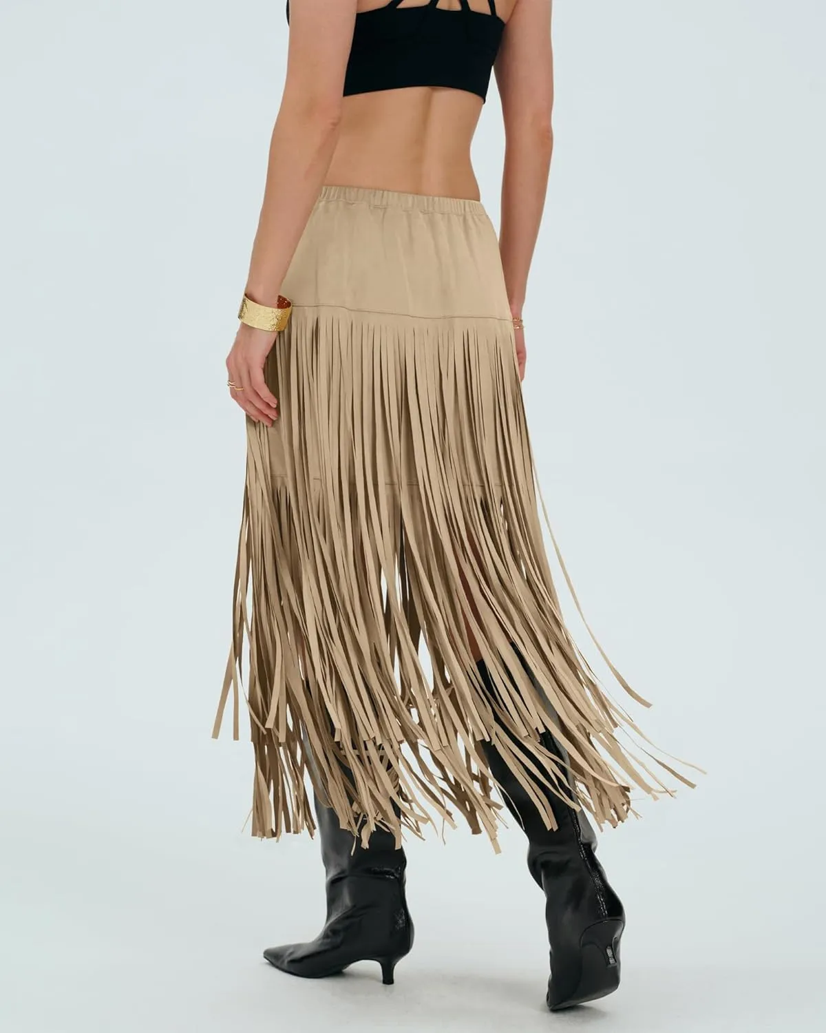 Locachy Womens Faux Suede Fringe Trim Midi Skirt Casual High Waist Bodycon Skirt