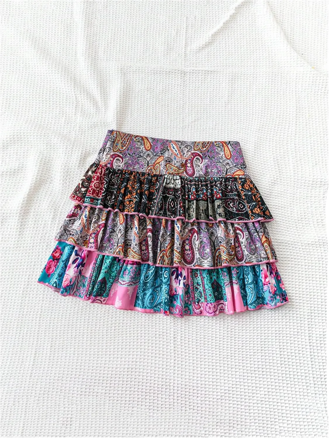 MakeMeChic Women's Boho Ruffle Hem Layered Skirt Paisley Print A Line Mini Skirts