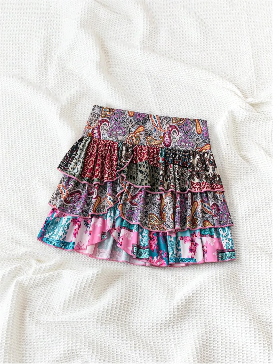 MakeMeChic Women's Boho Ruffle Hem Layered Skirt Paisley Print A Line Mini Skirts