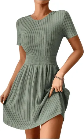 Milumia Women's Short Sleeve Ribbed Knit A Line Dress Flare Hem Casual Short Sweater Dresses