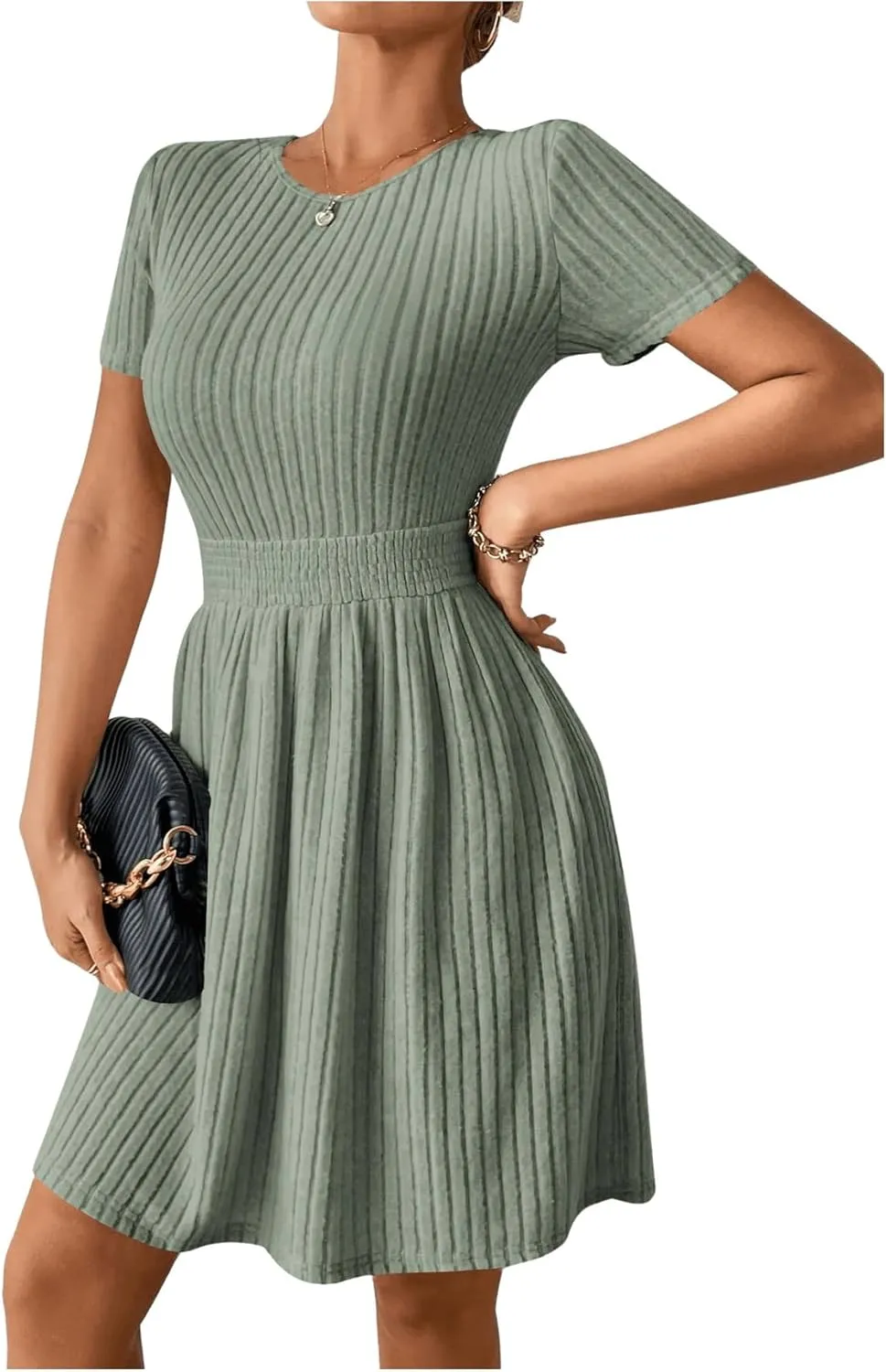 Milumia Women's Short Sleeve Ribbed Knit A Line Dress Flare Hem Casual Short Sweater Dresses