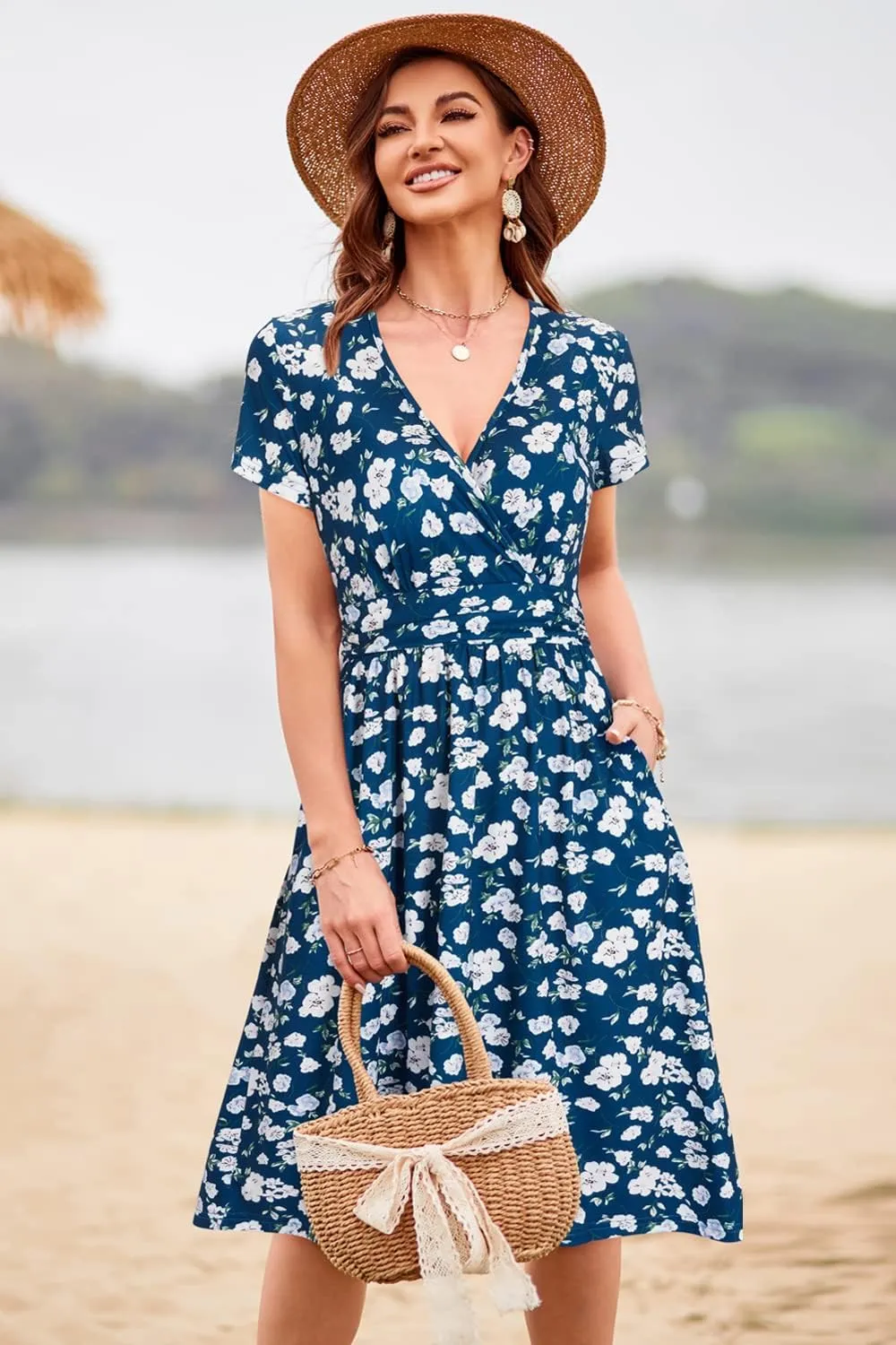 Newshows Womens Summer Short Sleeve Casual Dresses V Neck Floral Vacation Sundress Faux Wrap Midi Dress with Pockets