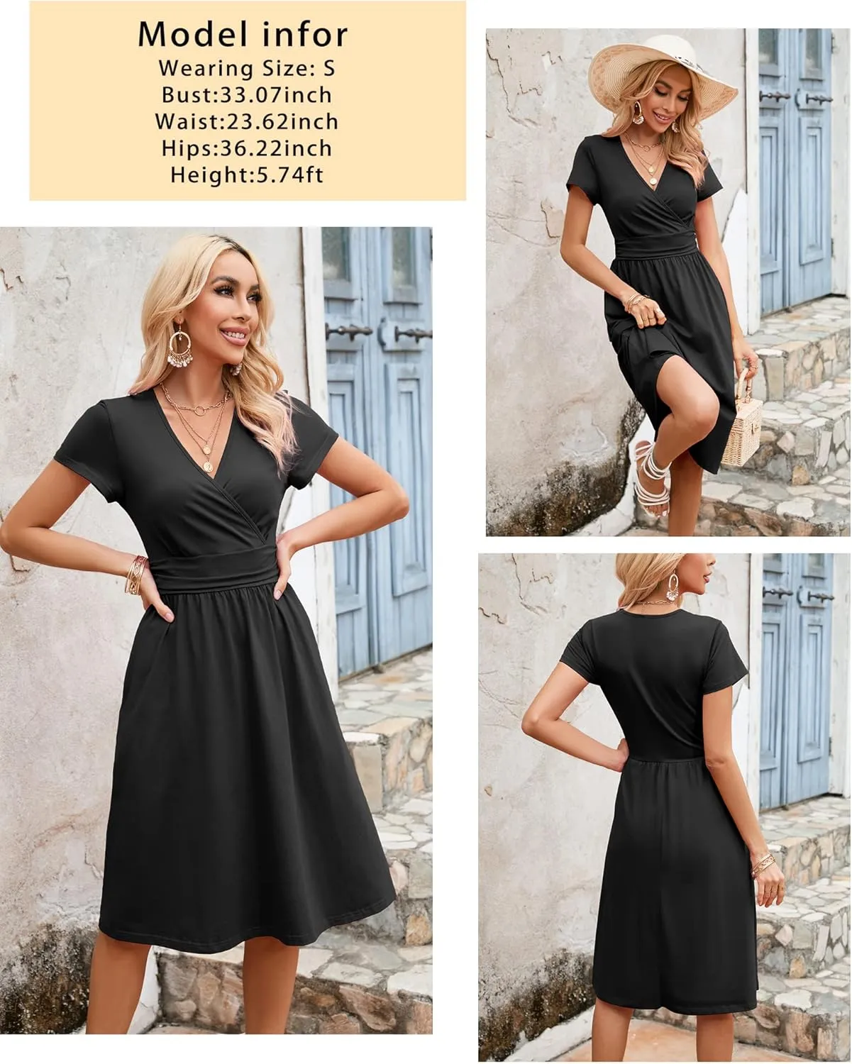 Newshows Womens Summer Short Sleeve Casual Dresses V Neck Floral Vacation Sundress Faux Wrap Midi Dress with Pockets
