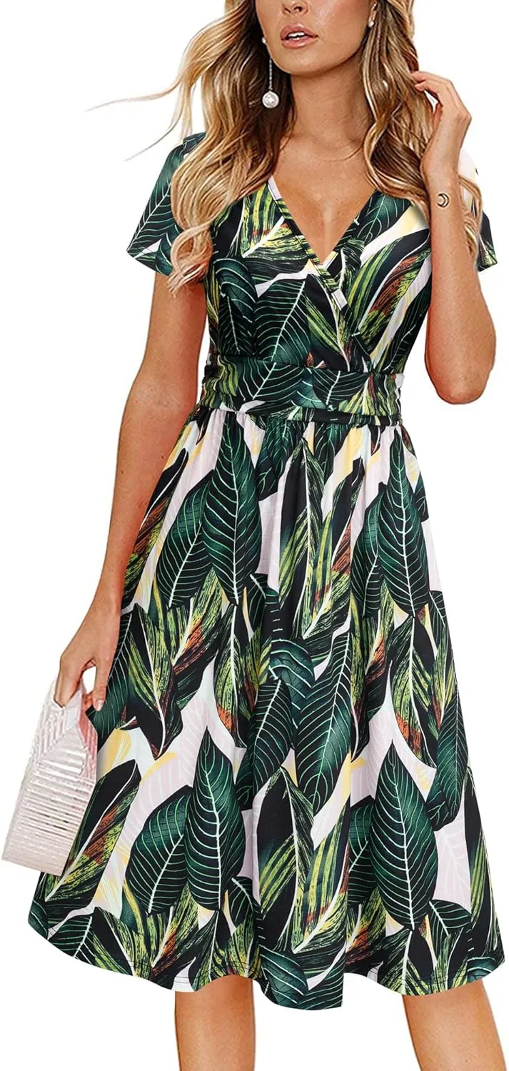 Newshows Womens Summer Short Sleeve Casual Dresses V Neck Floral Vacation Sundress Faux Wrap Midi Dress with Pockets