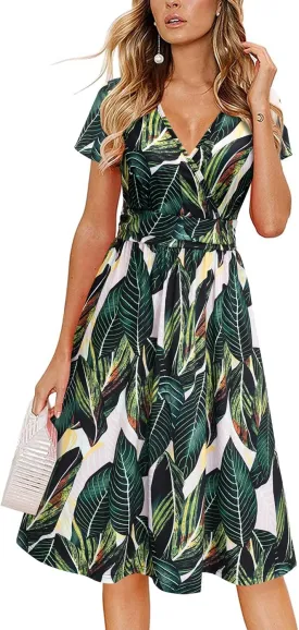 Newshows Womens Summer Short Sleeve Casual Dresses V Neck Floral Vacation Sundress Faux Wrap Midi Dress with Pockets