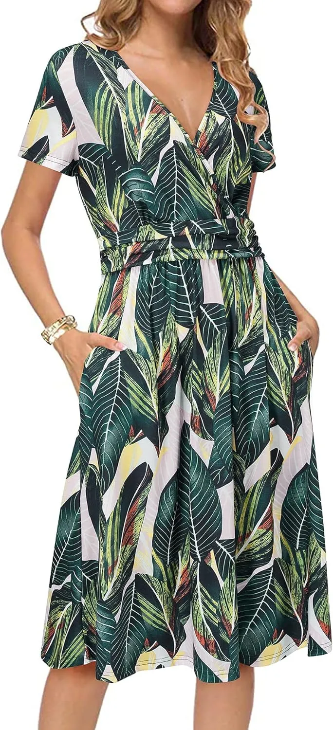 Newshows Womens Summer Short Sleeve Casual Dresses V Neck Floral Vacation Sundress Faux Wrap Midi Dress with Pockets