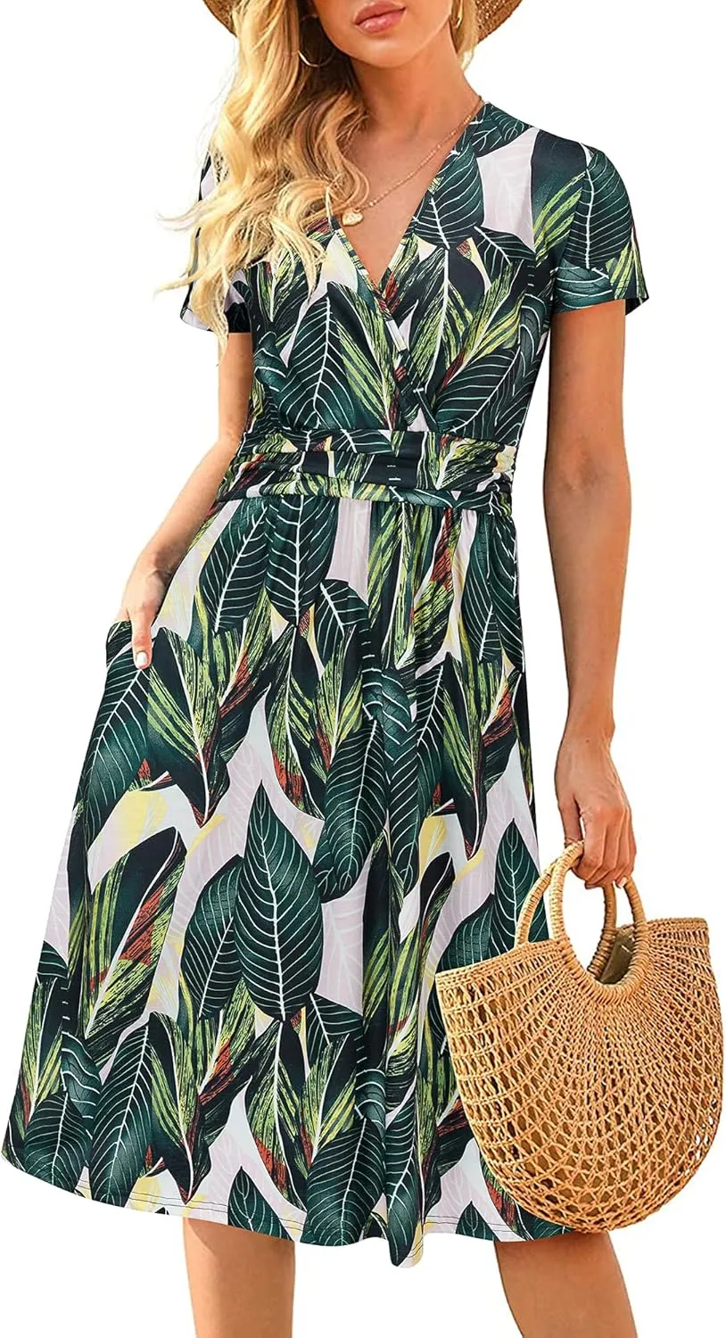 Newshows Womens Summer Short Sleeve Casual Dresses V Neck Floral Vacation Sundress Faux Wrap Midi Dress with Pockets