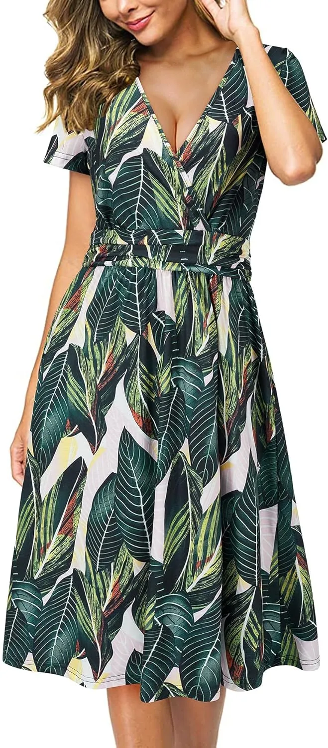 Newshows Womens Summer Short Sleeve Casual Dresses V Neck Floral Vacation Sundress Faux Wrap Midi Dress with Pockets